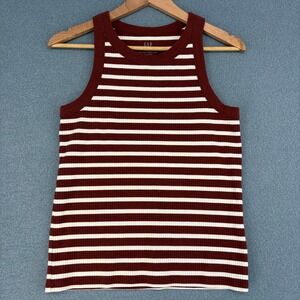 Gap Women Medium Brown White Striped High Neck Ribbed Tank Top Sleeveless Preppy